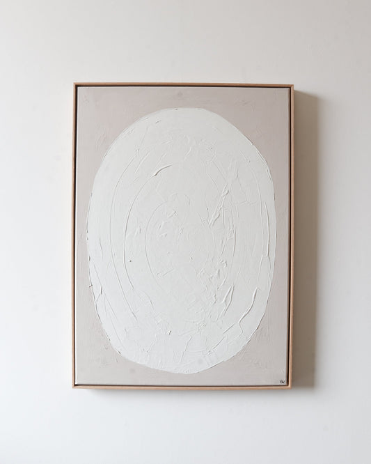 Abstracte maan schilderij in beige tinten — LUNA 50×70 — Iris Wies