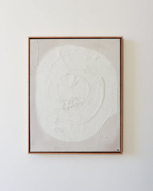 Abstracte maan schilderij in beige tinten — LUNA beige 40×50 — Iris Wies